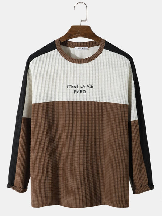 Mens Letter Embroidered Patchwork Plaid Polar Fleece Overhead Long Sleeve T-Shirt